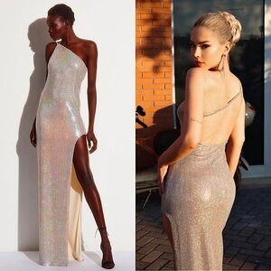 THE SEI Iridescent Sequin One Shoulder Asymmetrical Sleeveless Open Back Gown XS